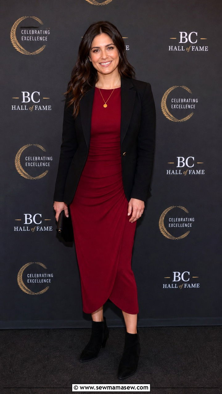 Burgundy midi dress with black blazer - 40 Business trip outfit ideas