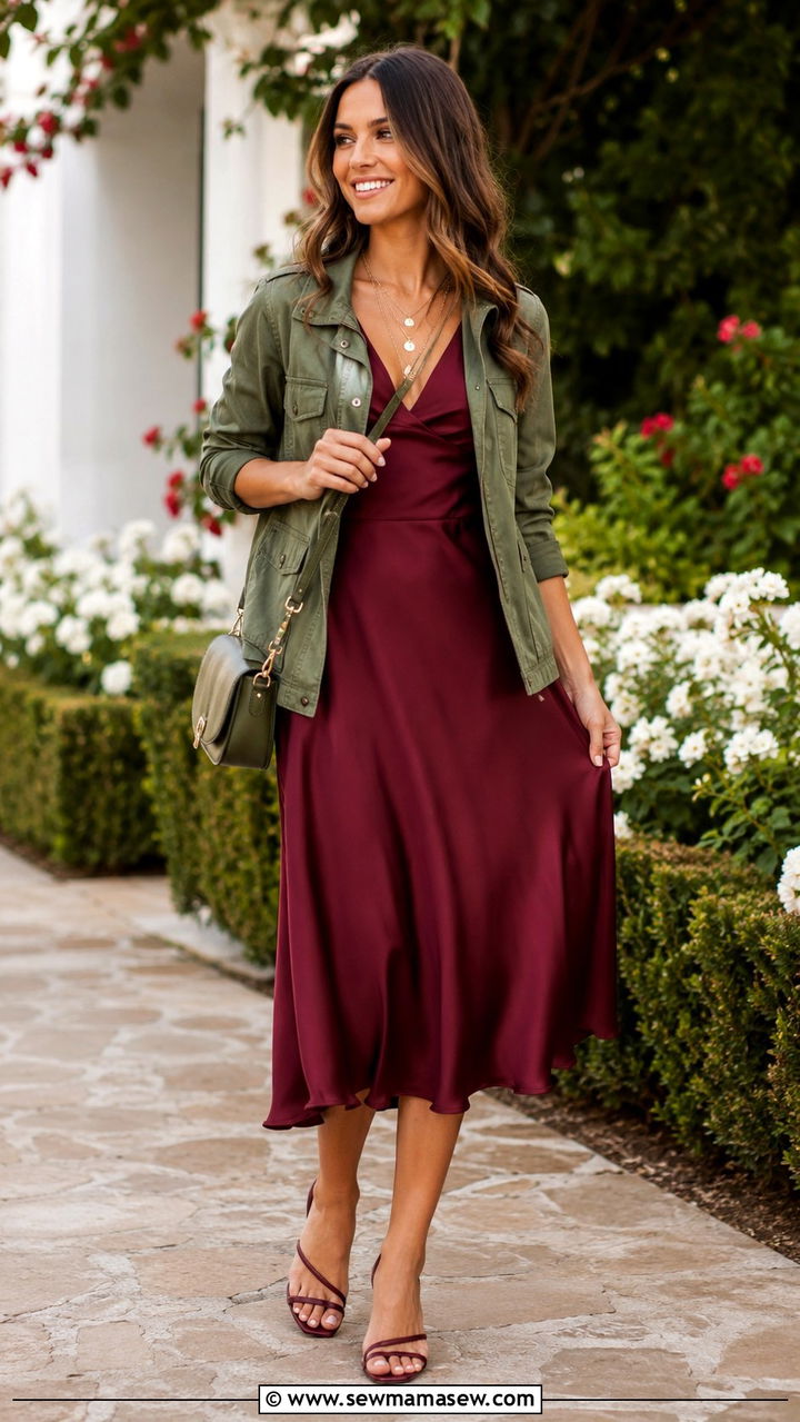 Burgundy midi dress with olive jacket outfit - 25 Olive and burgundy outfit ideas