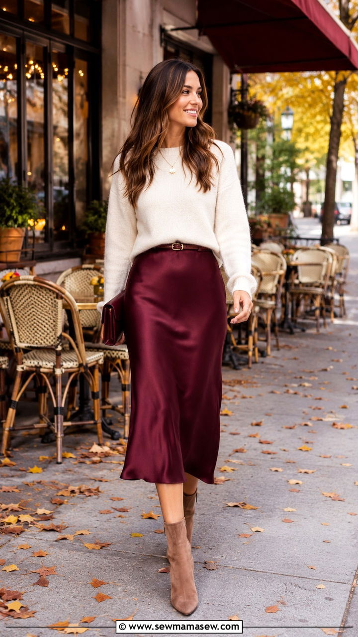 Burgundy midi skirt with cream sweater outfit - 30 Burgundy and cream outfit ideas