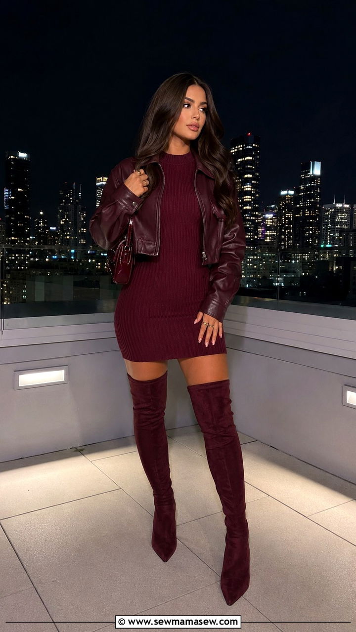 Burgundy mini dress and over the knee boots - 30 Monochromatic burgundy outfits