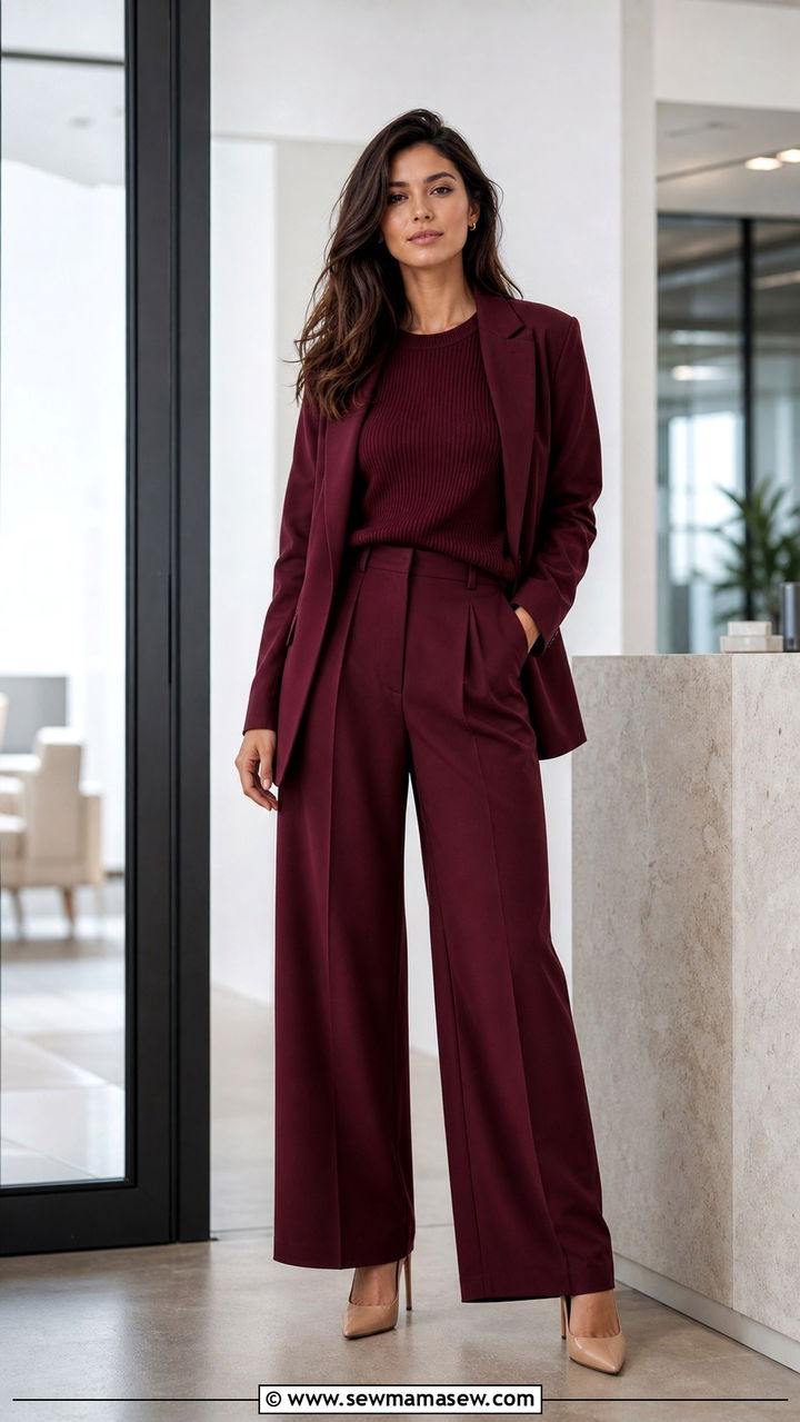 Burgundy monochrome office outfit 2026 - 40 office outfits 2026