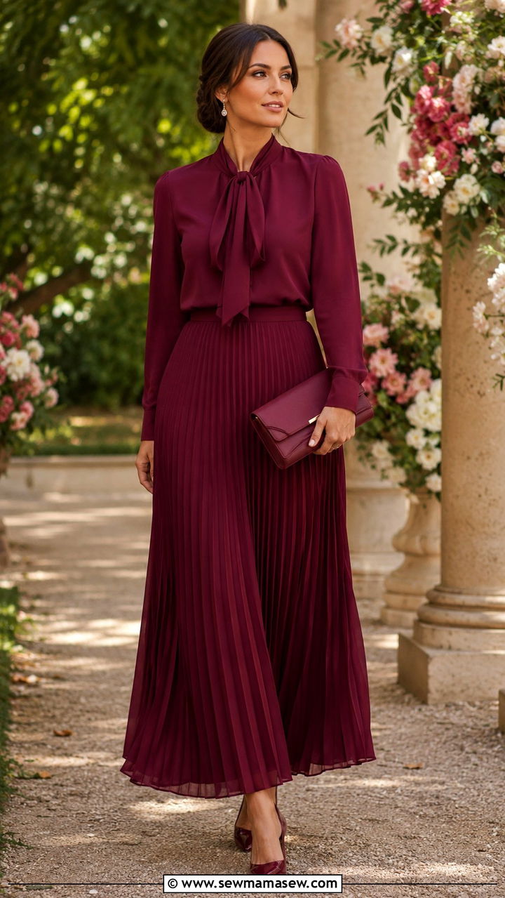 Burgundy pleated maxi skirt and pussy bow blouse - 30 Monochromatic burgundy outfits