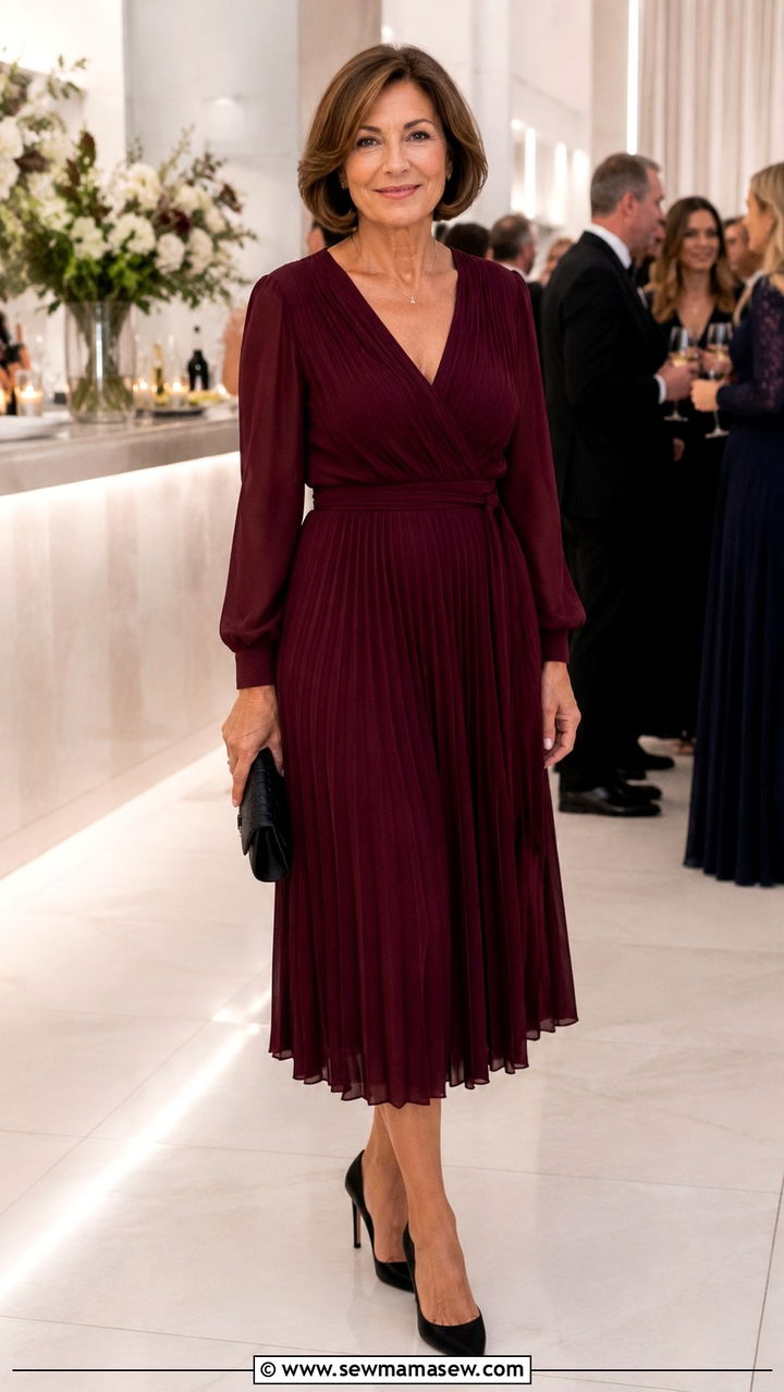 Burgundy pleated midi dress with pointed toe pumps - 25 Wedding guest outfit ideas for 60 year old