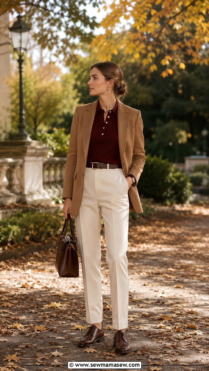 Burgundy polo with camel blazer - 25 Old money outfit ideas with polo