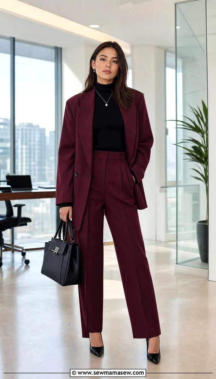 Burgundy power suit office women - 25 Corporate outfit ideas 2026