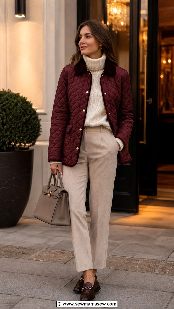 Burgundy quilted jacket with neutral base layers - 25 Old money outfit ideas with quilted jacket