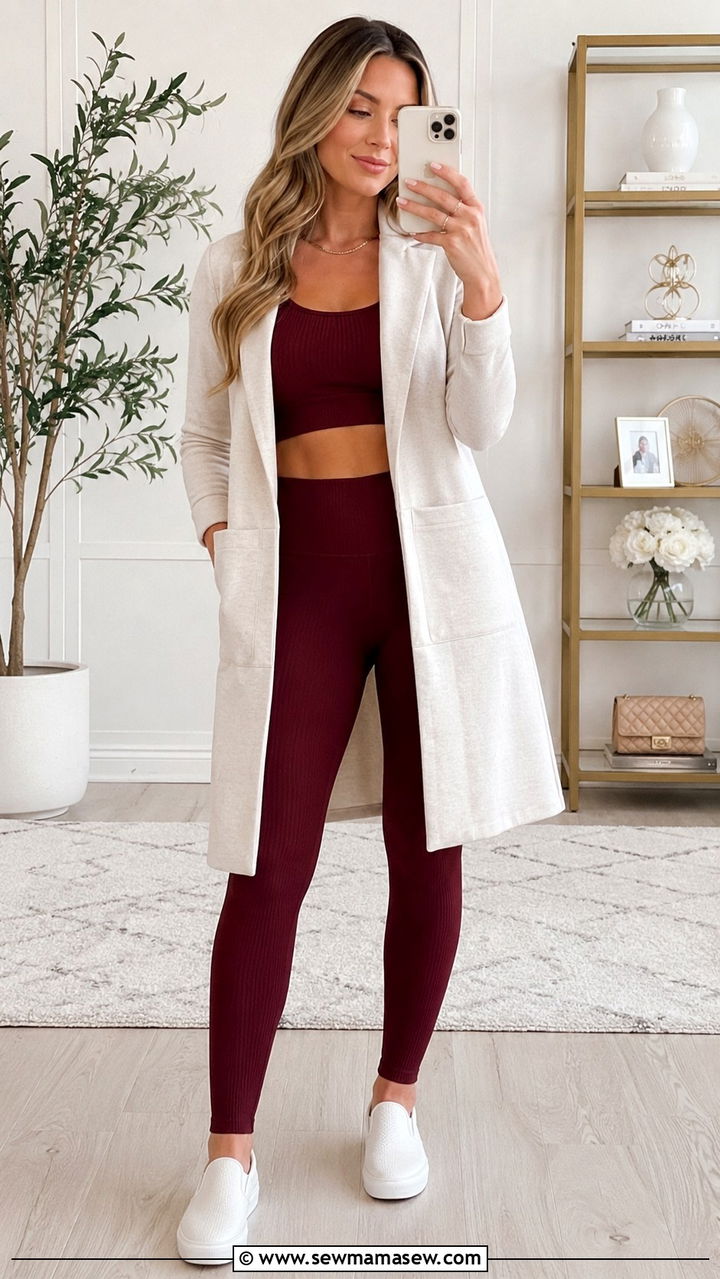 Burgundy ribbed yoga set with longline jacket - 25 Yoga teacher outfit ideas
