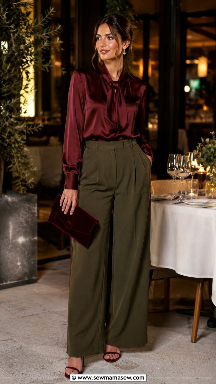 Burgundy satin blouse with olive trousers outfit - 25 Olive and burgundy outfit ideas