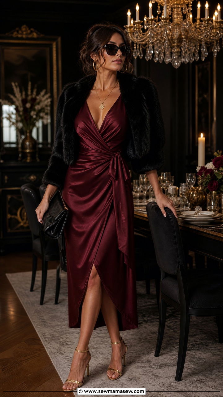 Burgundy satin midi dress with gold heels - 35 Mob wife outfit ideas
