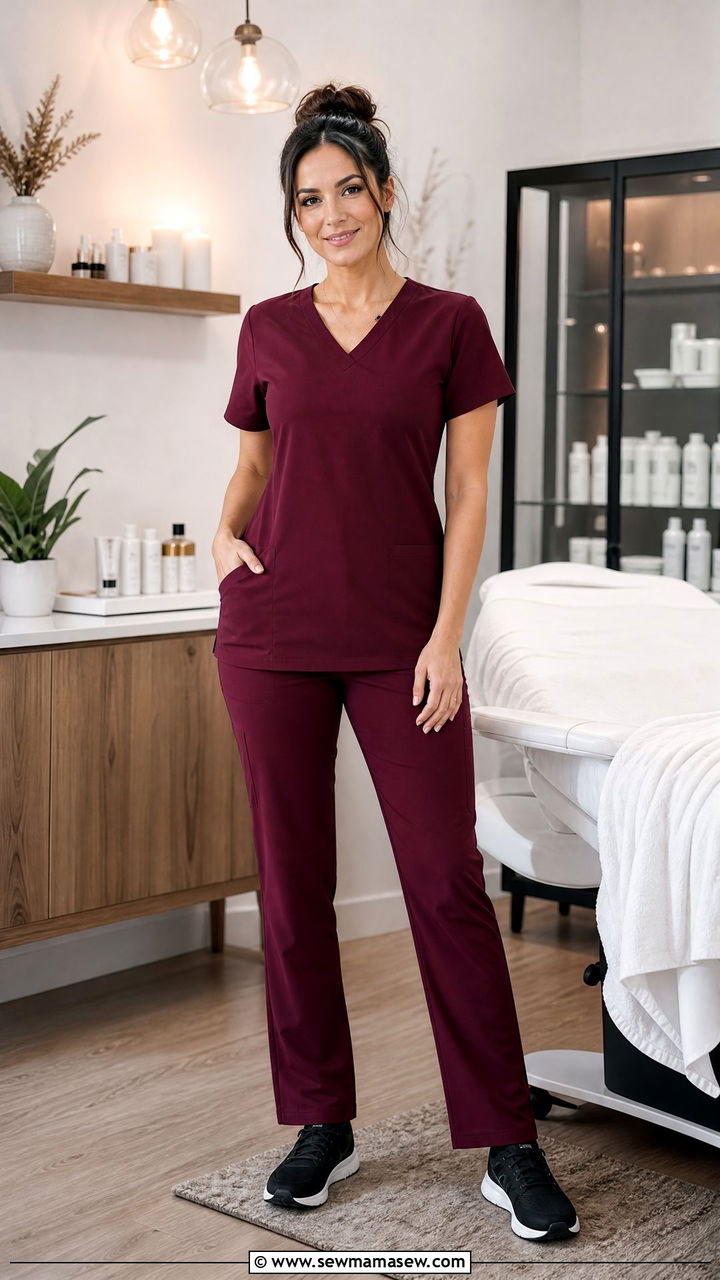 Burgundy scrub set with black sneakers - 30 Esthetician outfit ideas
