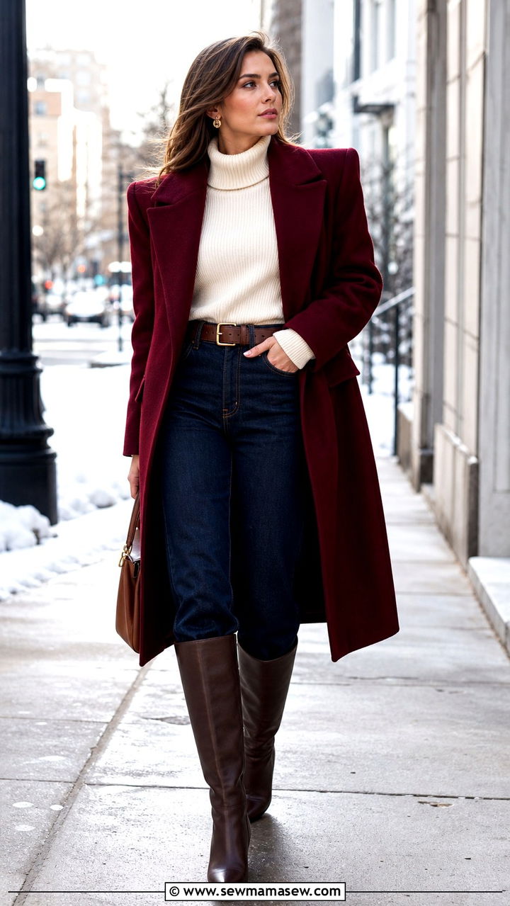 Burgundy sculpted shoulder coat with cream knit and straight leg jeans - 20 cute glamoratti outfits