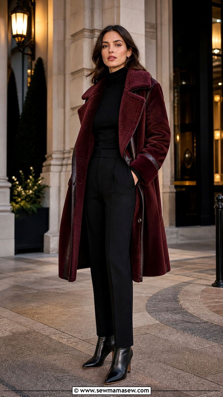 Burgundy shearling coat with black base - 40 Shearling coat outfit ideas