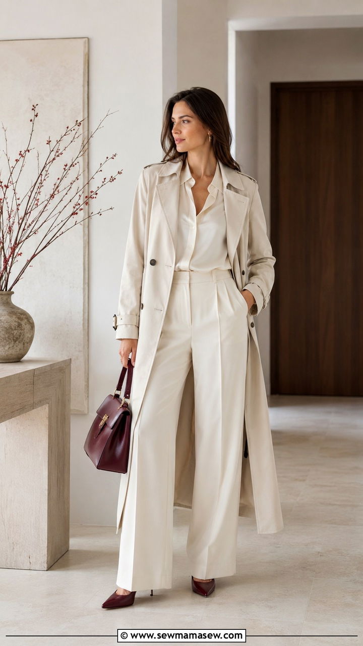 Burgundy shoes with cream wide leg trousers outfit - 30 Burgundy and cream outfit ideas