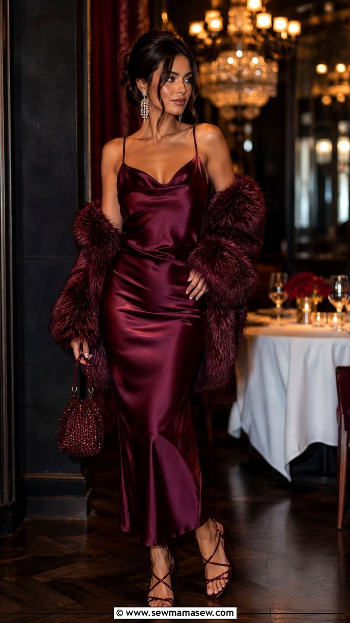 Burgundy slip dress and matching heels - 30 Monochromatic burgundy outfits