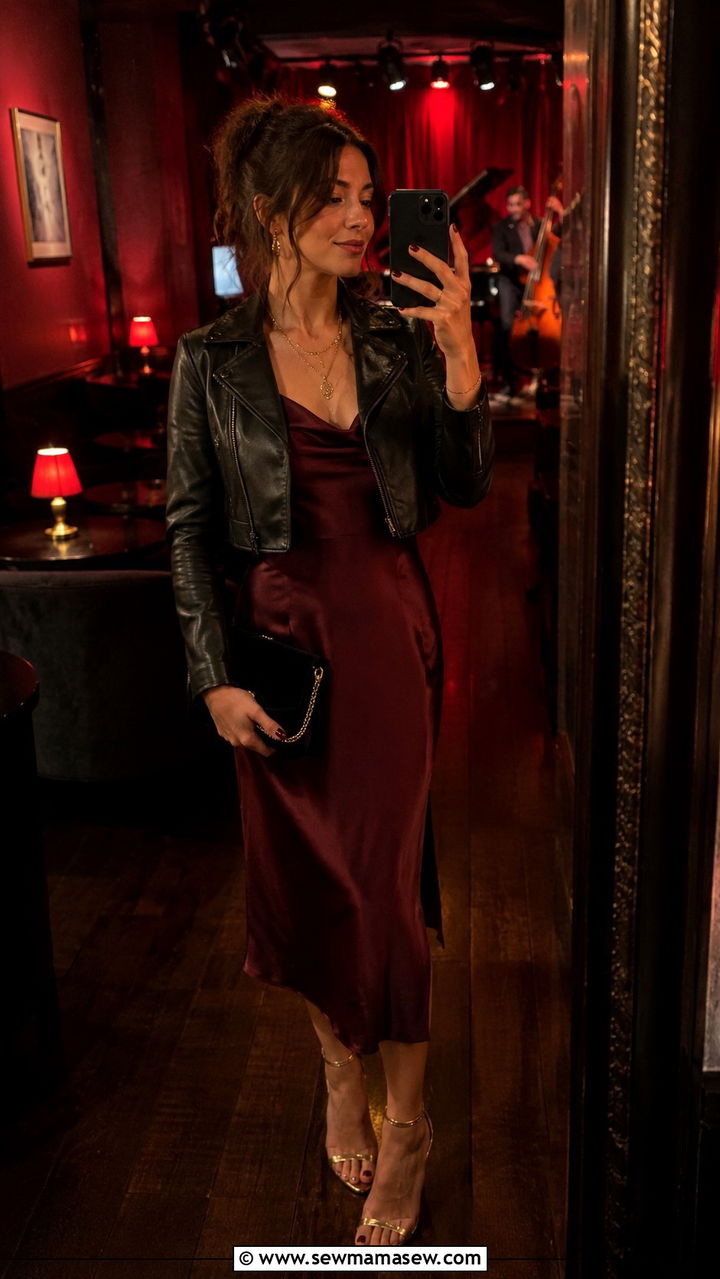 Burgundy slip dress for jazz club with gold jewelry - 30 Jazz concert outfit ideas