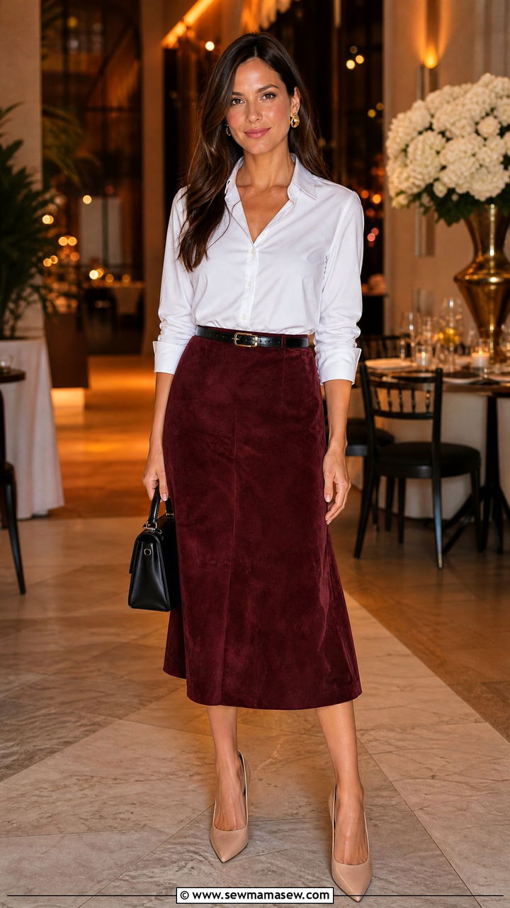 Burgundy suede midi skirt with white button down and nude heels - 30 Suede skirt outfit ideas