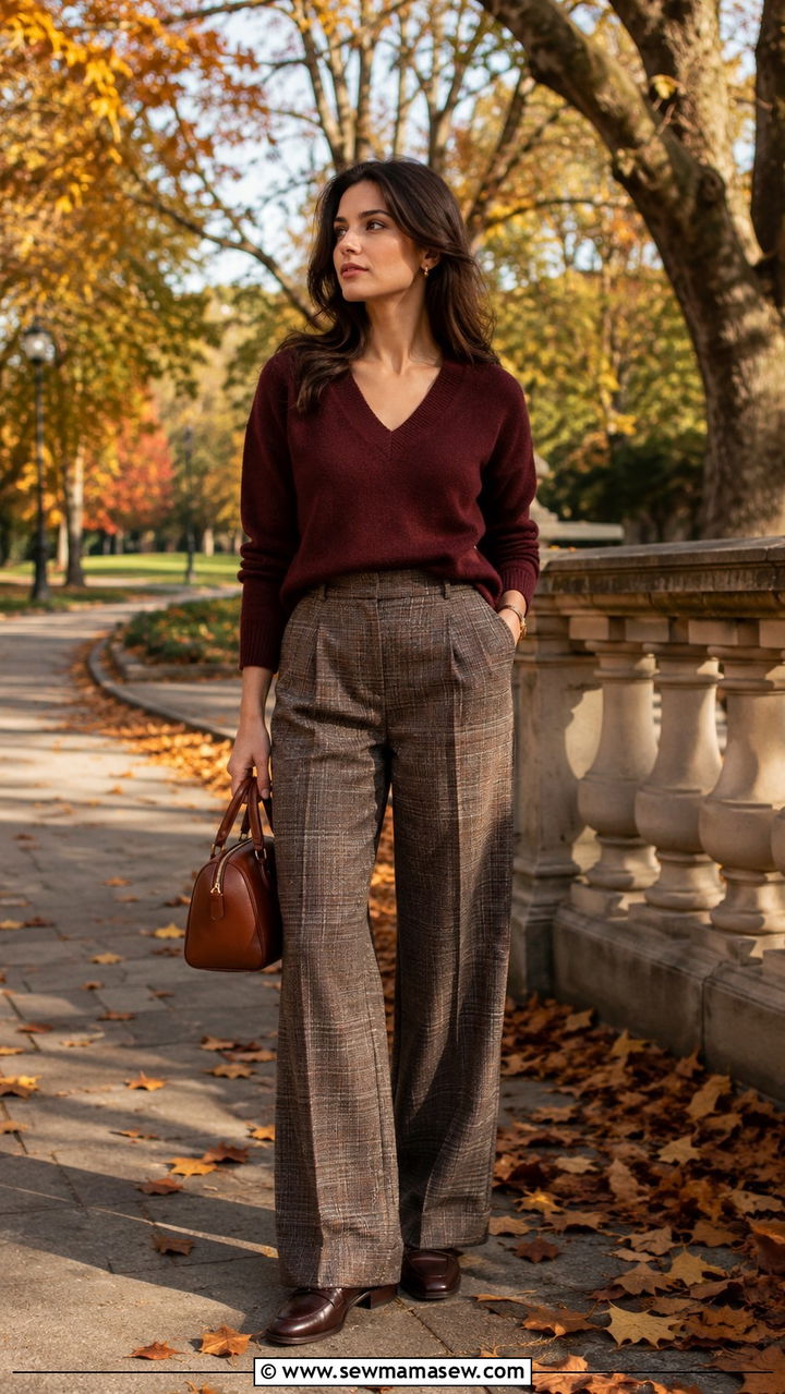 Burgundy sweater and brown plaid trousers - 25 Old money outfit ideas on Amazon