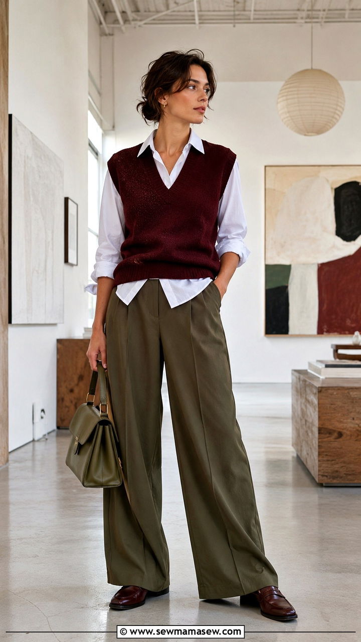 Burgundy sweater vest with olive pleated trousers outfit - 25 Olive and burgundy outfit ideas