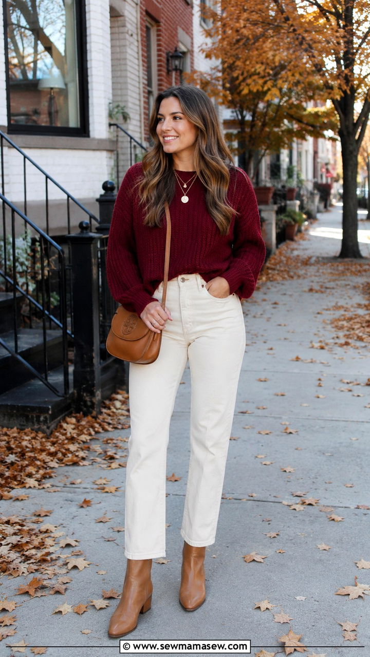 Burgundy sweater with cream jeans outfit - 30 Burgundy and cream outfit ideas