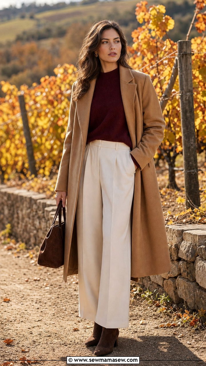 Burgundy sweater with cream wide leg trousers old money outfit - 25 cute old money outfits