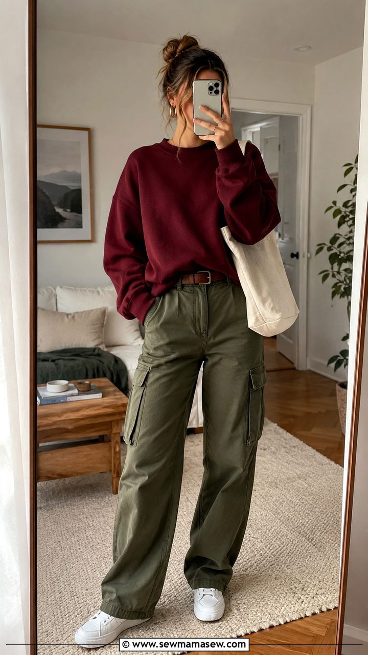 Burgundy sweater with olive cargo pants outfit - 25 Olive and burgundy outfit ideas