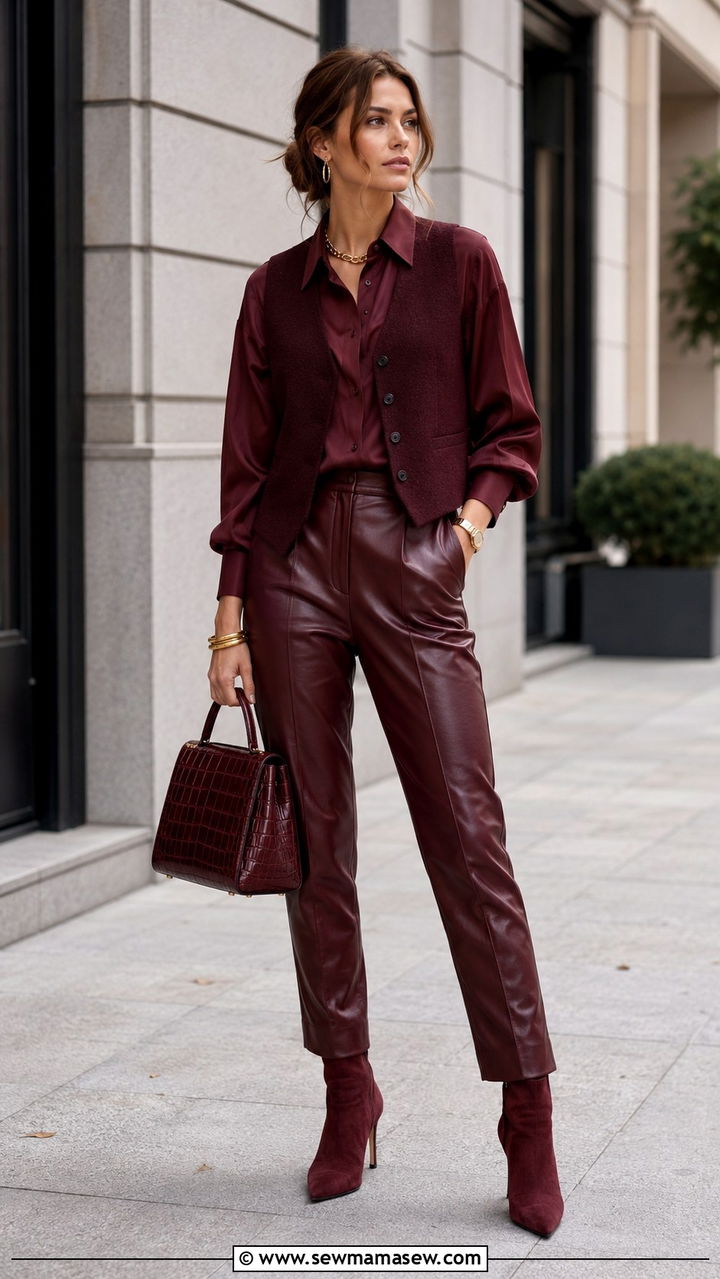 Burgundy textured monochrome layered outfit - 30 Monochromatic burgundy outfits