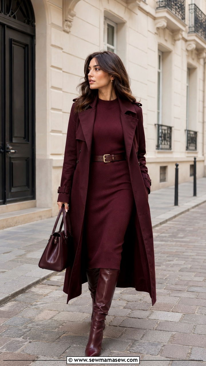 Burgundy trench coat with knit dress and boots - 30 Monochromatic burgundy outfits