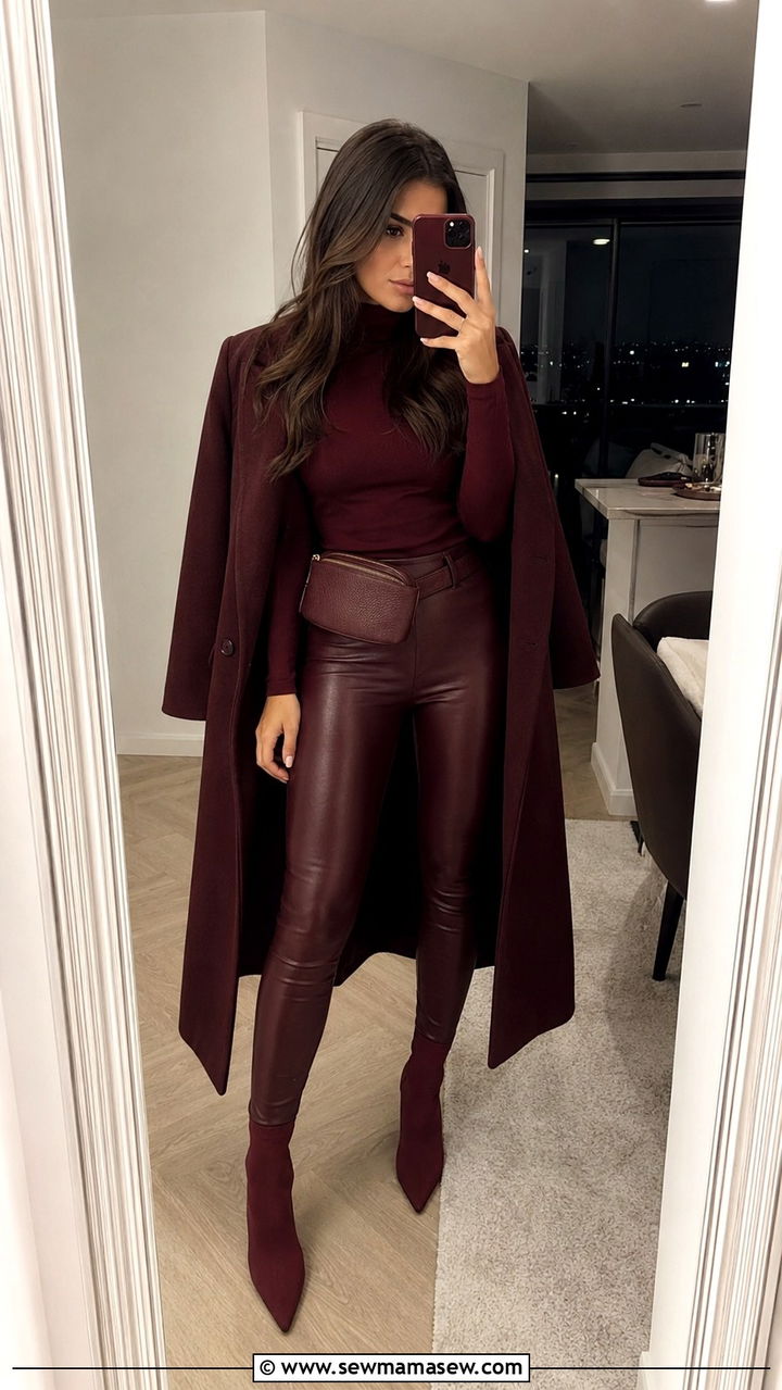 Burgundy turtleneck and leather leggings - 30 Monochromatic burgundy outfits
