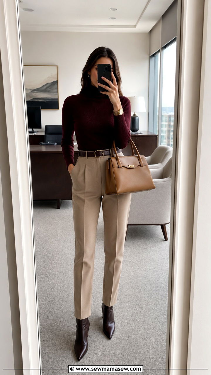 Burgundy turtleneck with beige trousers - 30 Old money work outfit ideas