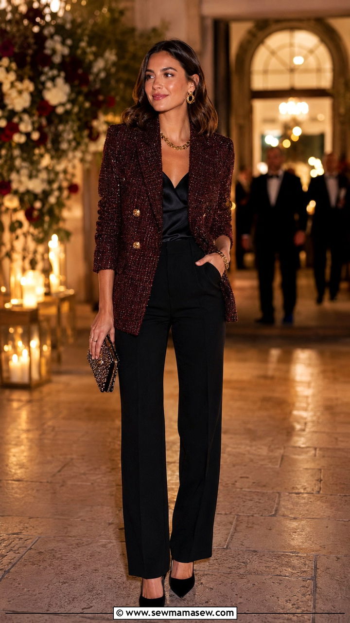Burgundy tweed blazer outfit for a winter wedding - 30 Tweed blazer outfit ideas for a wedding