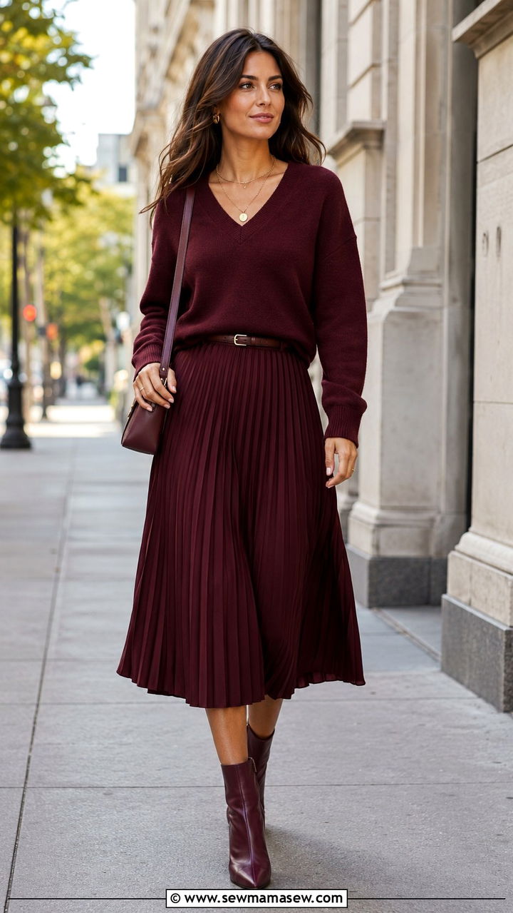 Burgundy v neck sweater and pleated midi skirt - 30 Monochromatic burgundy outfits