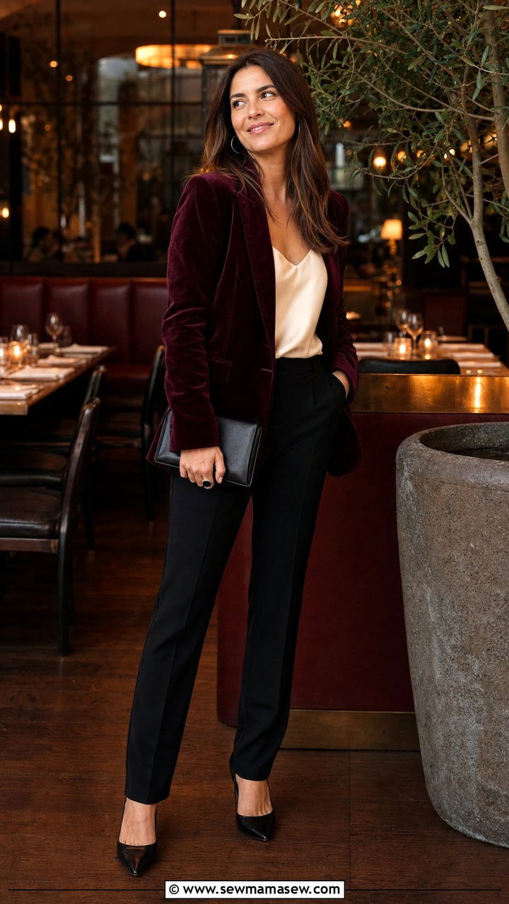 Burgundy velvet blazer dinner outfit - 25 Dinner party outfit ideas 2026