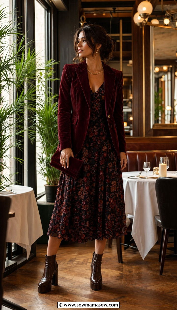 Burgundy velvet blazer with floral midi dress outfit - 35 70s inspired outfits