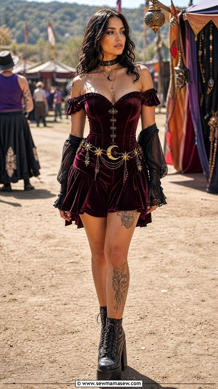 Burgundy velvet corset dress with celestial belt goth outfit - 40 Gothic outfit ideas