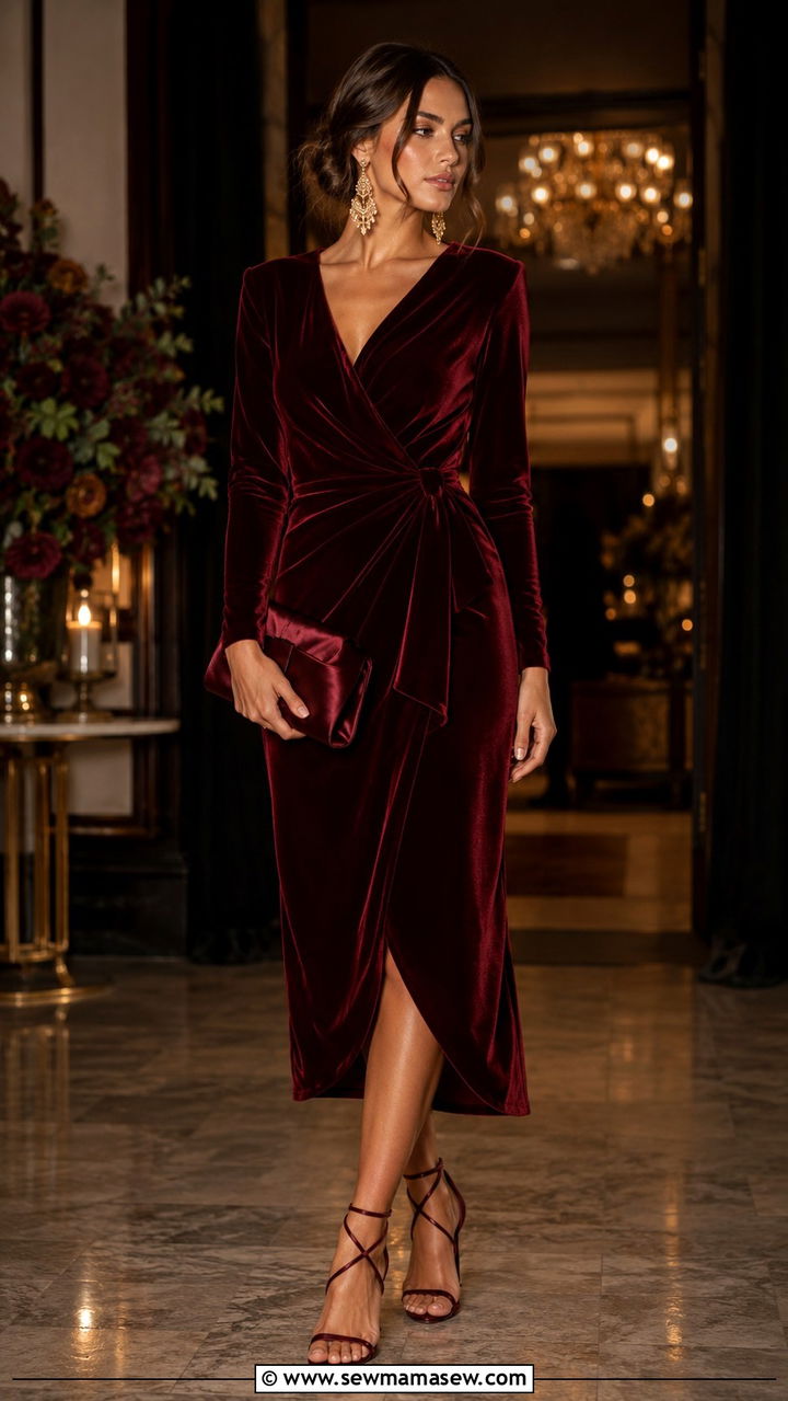 Burgundy velvet dress with strappy heels - 30 Monochromatic burgundy outfits