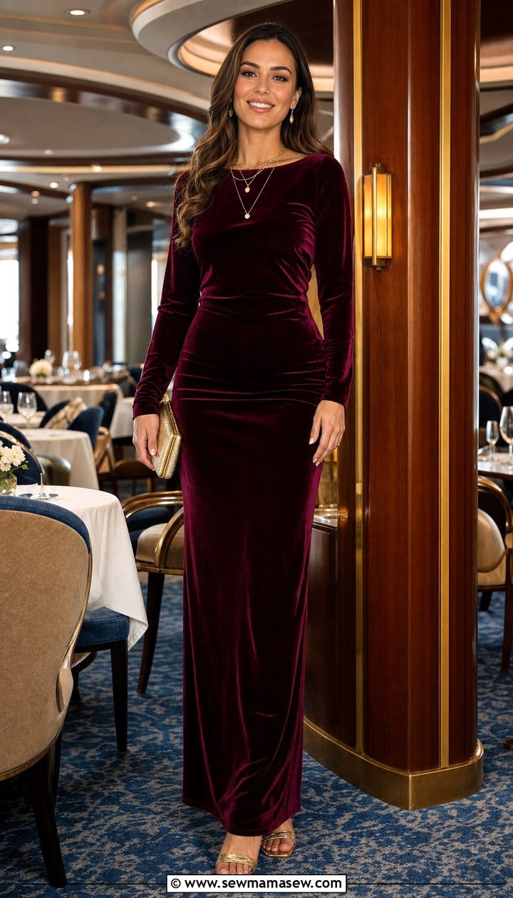 Burgundy velvet maxi dress with gold jewelry - 25 Cruise formal night outfit ideas 2026
