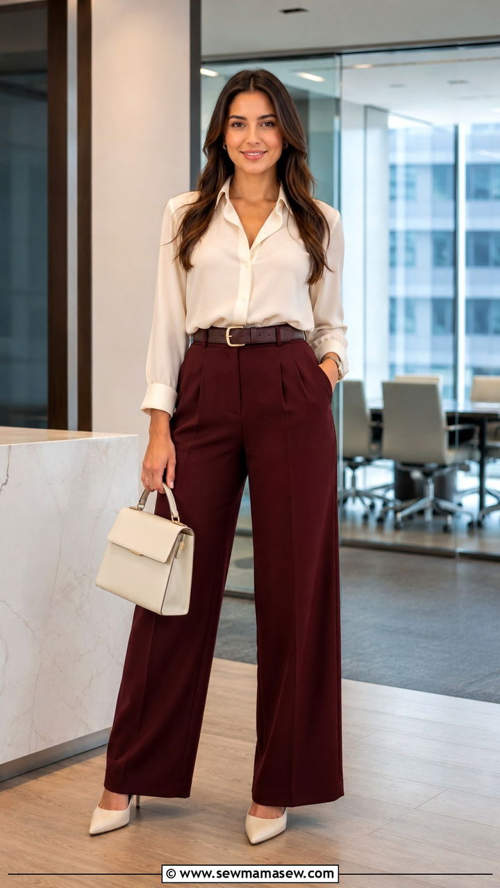 Burgundy wide leg pants and cream blouse outfit - 30 Burgundy and cream outfit ideas