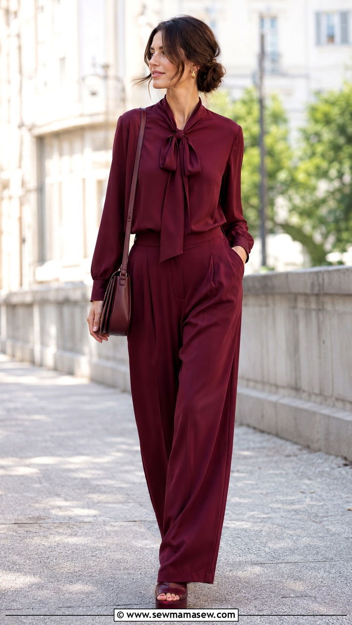 Burgundy wide leg trousers and tie neck blouse - 30 Monochromatic burgundy outfits