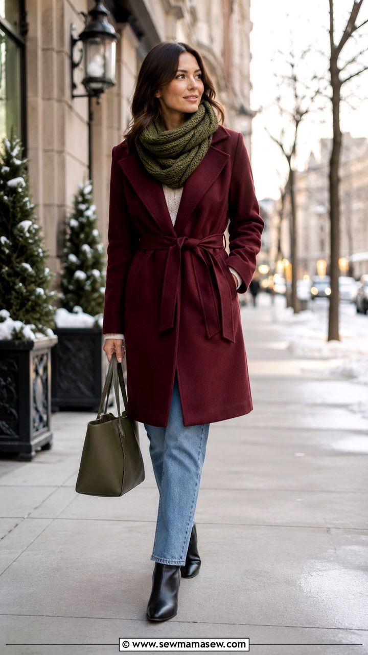 Burgundy wool coat with olive scarf outfit - 25 Olive and burgundy outfit ideas