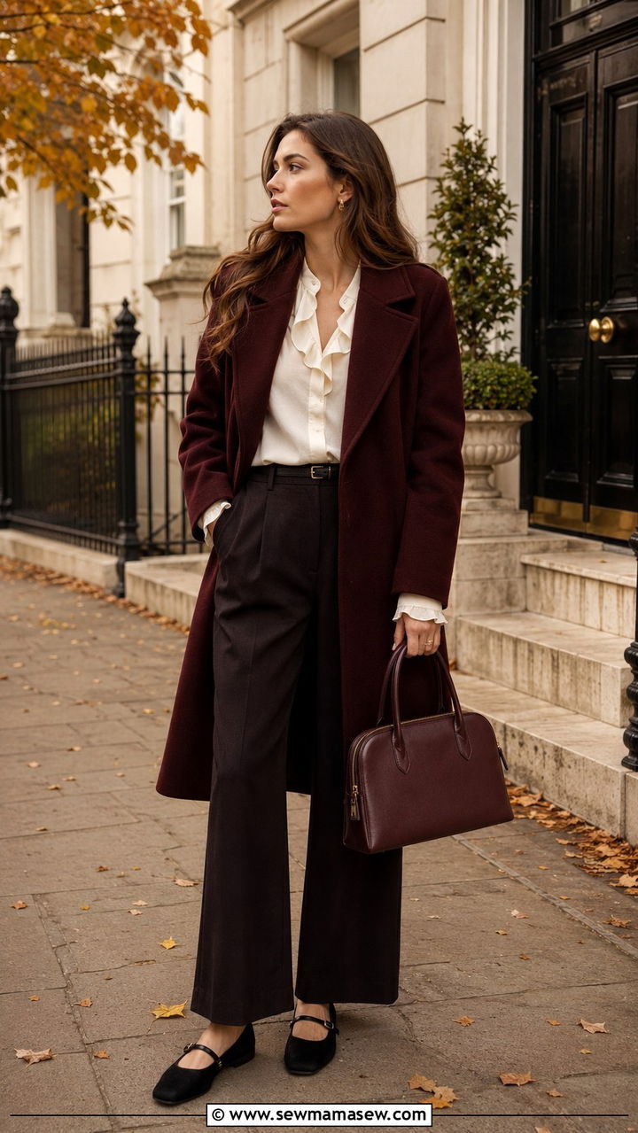 Burgundy wool coat with wide leg black trousers - 25 Old money outfit ideas with Mary Jane flats