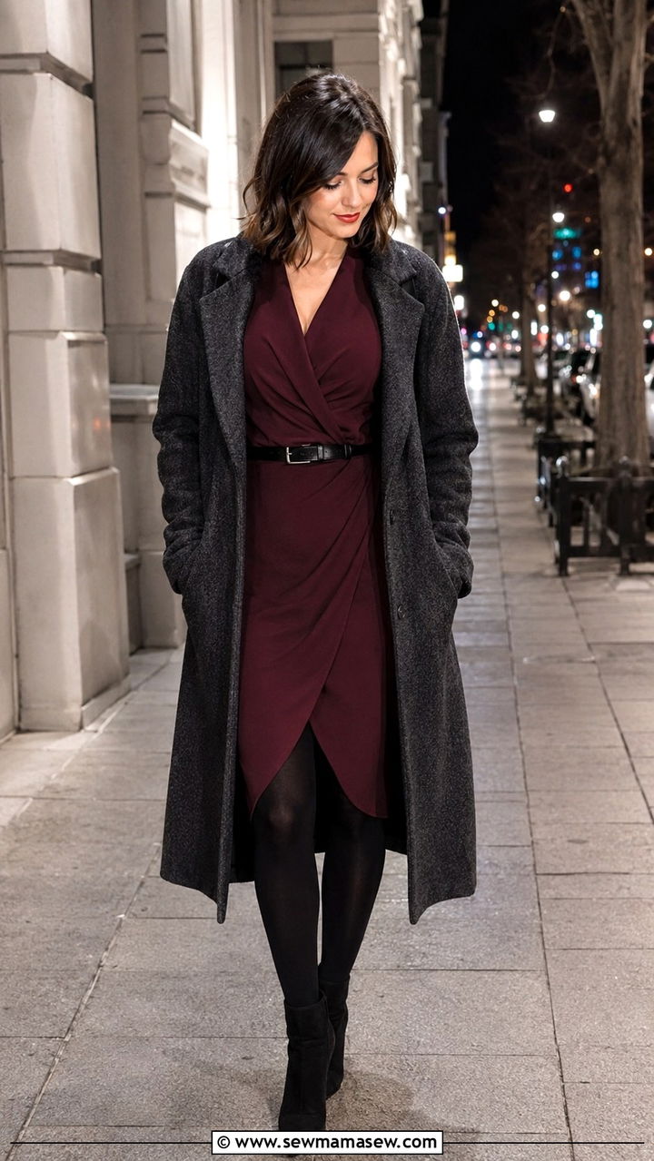 Burgundy wrap dress with black tights - 25 Wrap dress outfit ideas with tights