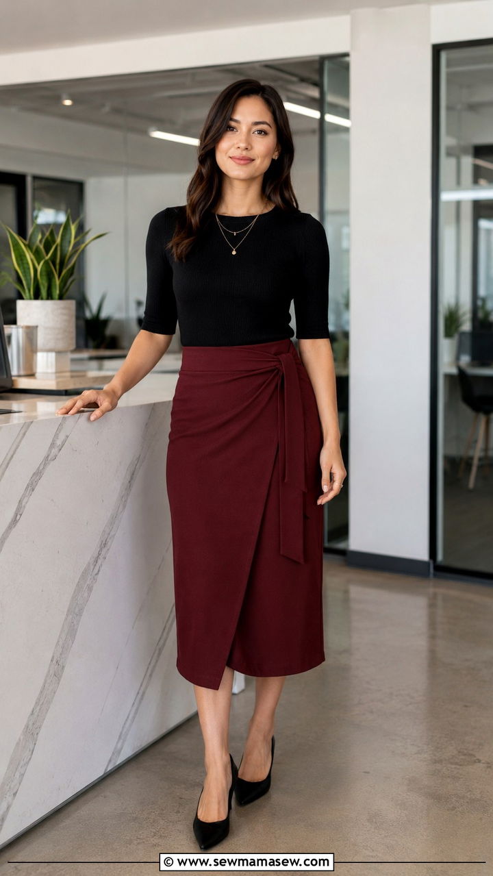 Burgundy wrap midi skirt with a black elbow sleeve knit top and black kitten heels - 25 Petite work outfit ideas with skirt