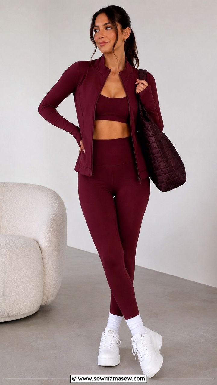 Burgundy zip up set with white accents - 25 Pilates girl outfit ideas