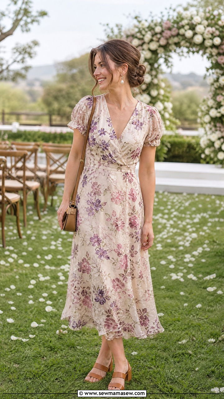 Burnout Floral Midi Dress with Low Block Heels - 30 casual spring wedding guest outfits