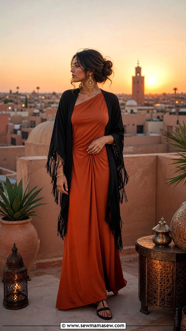 Burnt Orange Maxi Dress With A Fringed Shawl - 40 Marrakech outfit ideas