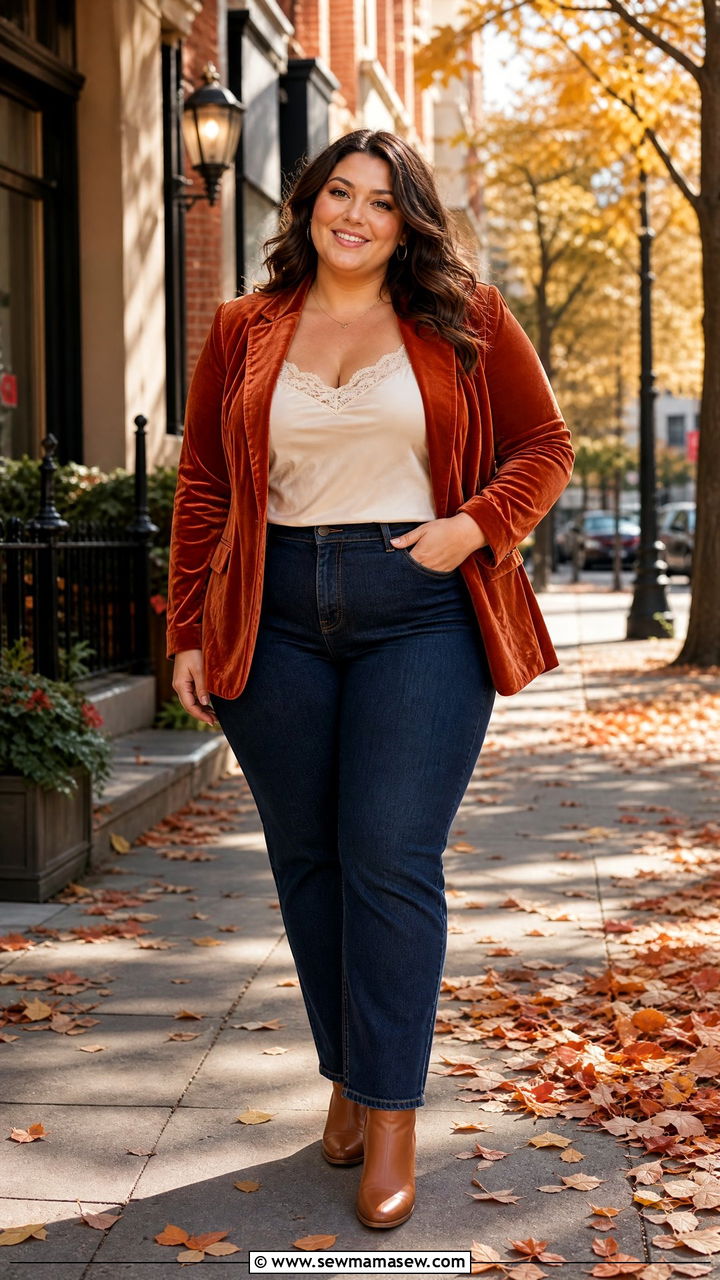 Burnt Orange Velvet Blazer With Dark Jeans - 30 Plus size outfit ideas for family photos