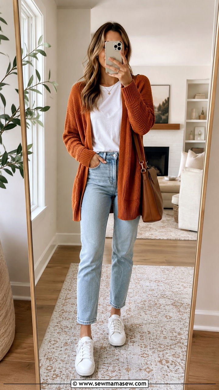 Burnt orange cardigan with white tee and jeans - 30 Burnt orange outfit ideas