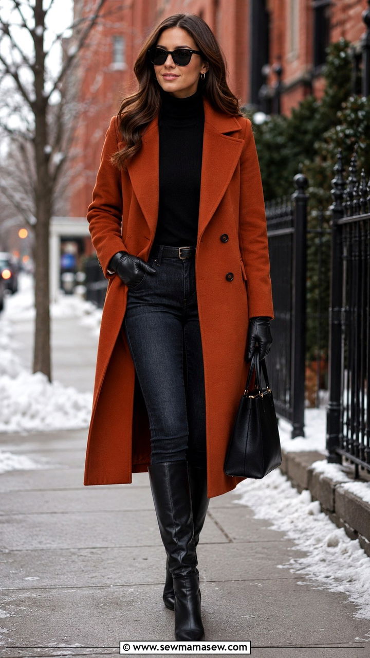Burnt orange coat with black turtleneck - 30 Burnt orange outfit ideas