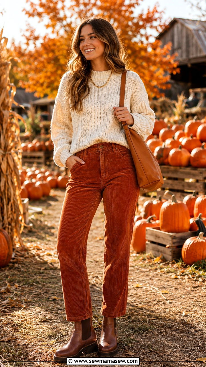 Burnt orange corduroy pants with sweater - 30 Burnt orange outfit ideas