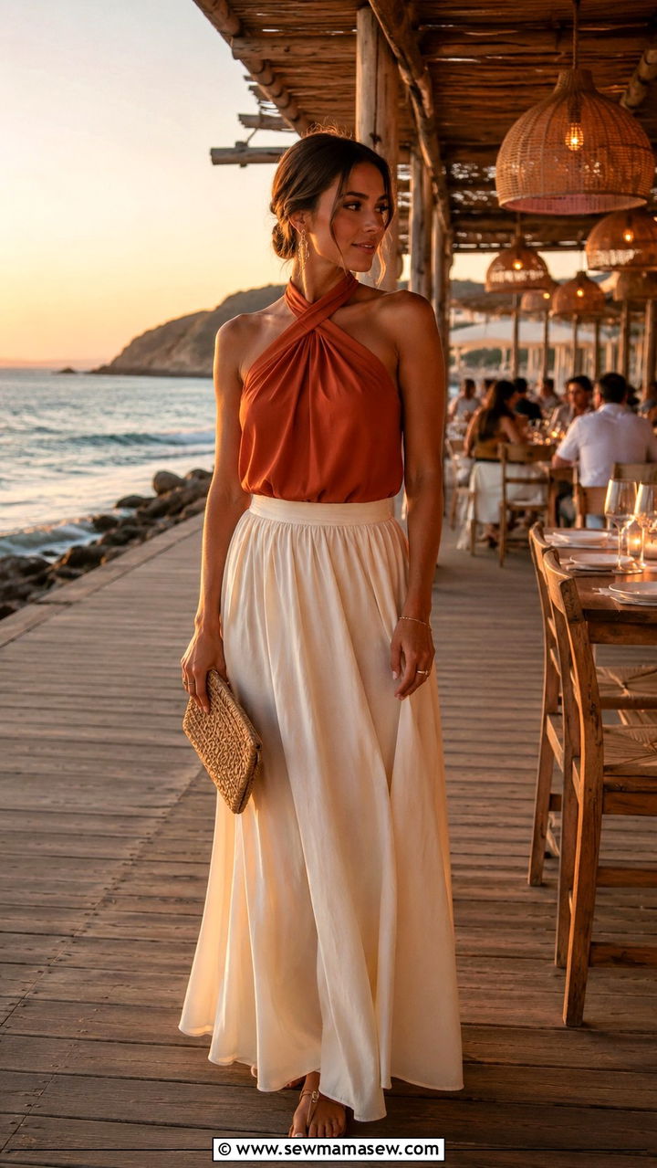 Burnt orange halter top with maxi skirt - 30 Burnt orange outfit ideas